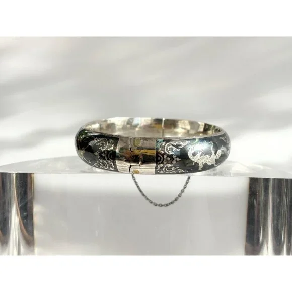 Siam Sterling Silver 925 Hand Carved Hinged Enclosure Vintage Bangle Bracelet - Picture 15 of 16